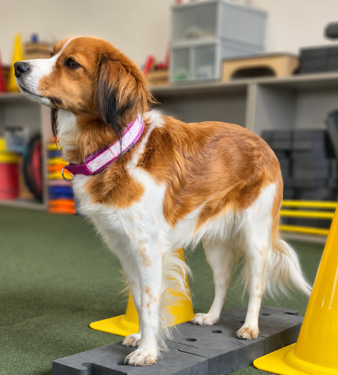 Hund steht konzentriert auf dem Podest